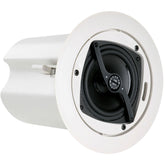 A ceiling-mounted speaker in white with a contrasting black cover, suitable for enhancing sound in indoor spaces.